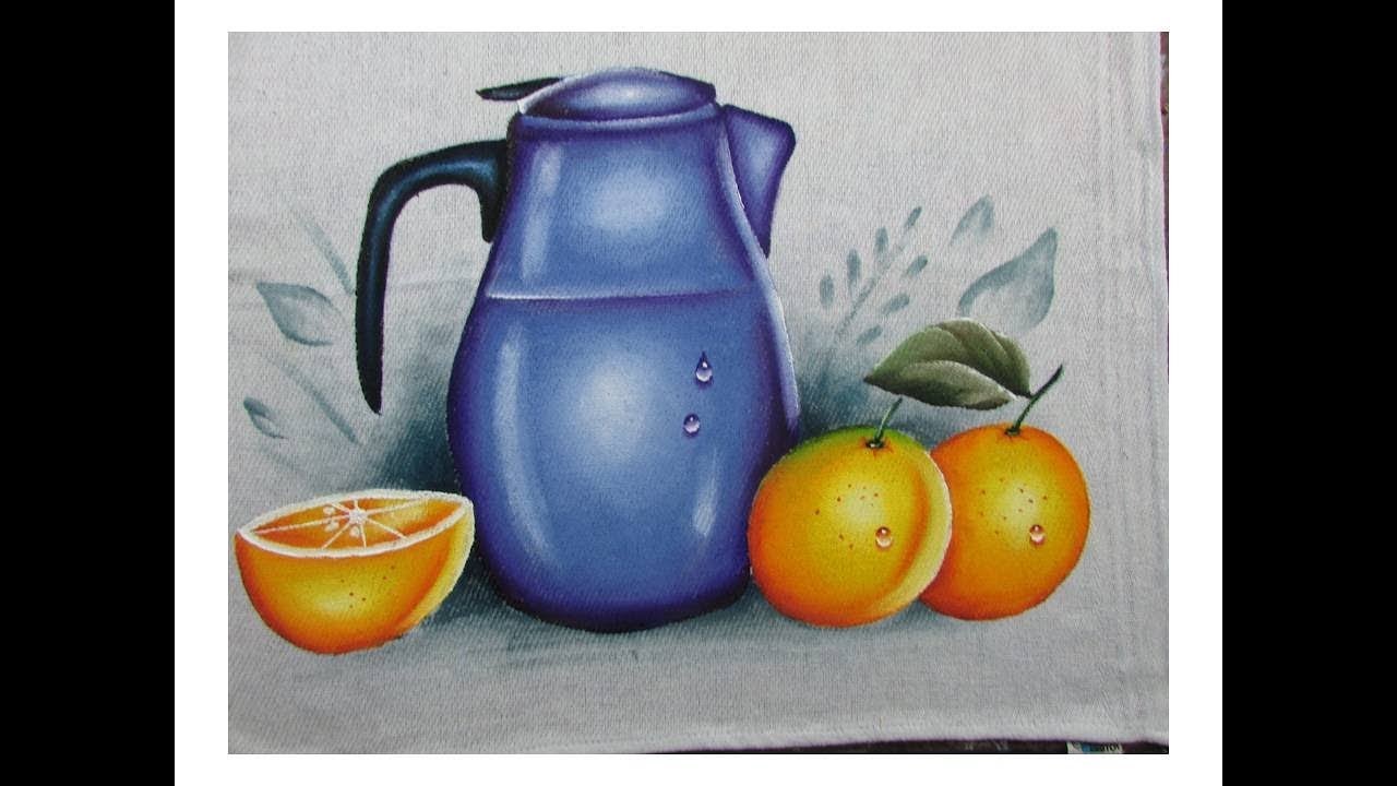 Pintura em tecido | Como pintar laranja e jarra em pano de prato