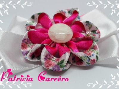 Laço com flor de fita floral. Ribbon with floral ribbon flower. Diy ????????????