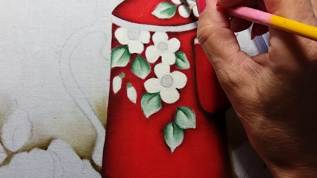 Bule vermelho florido - Parte 2 - Pintura em tecido