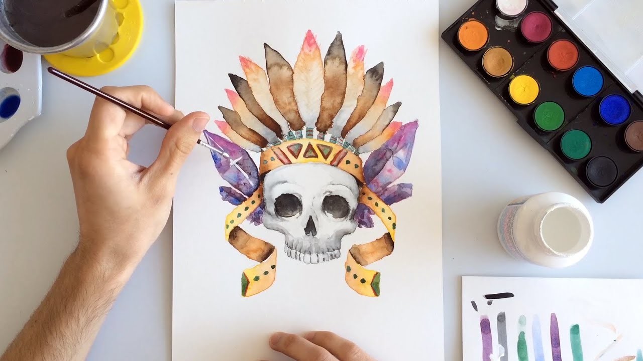 Aquarela - Caveiras, Penas e Diamantes