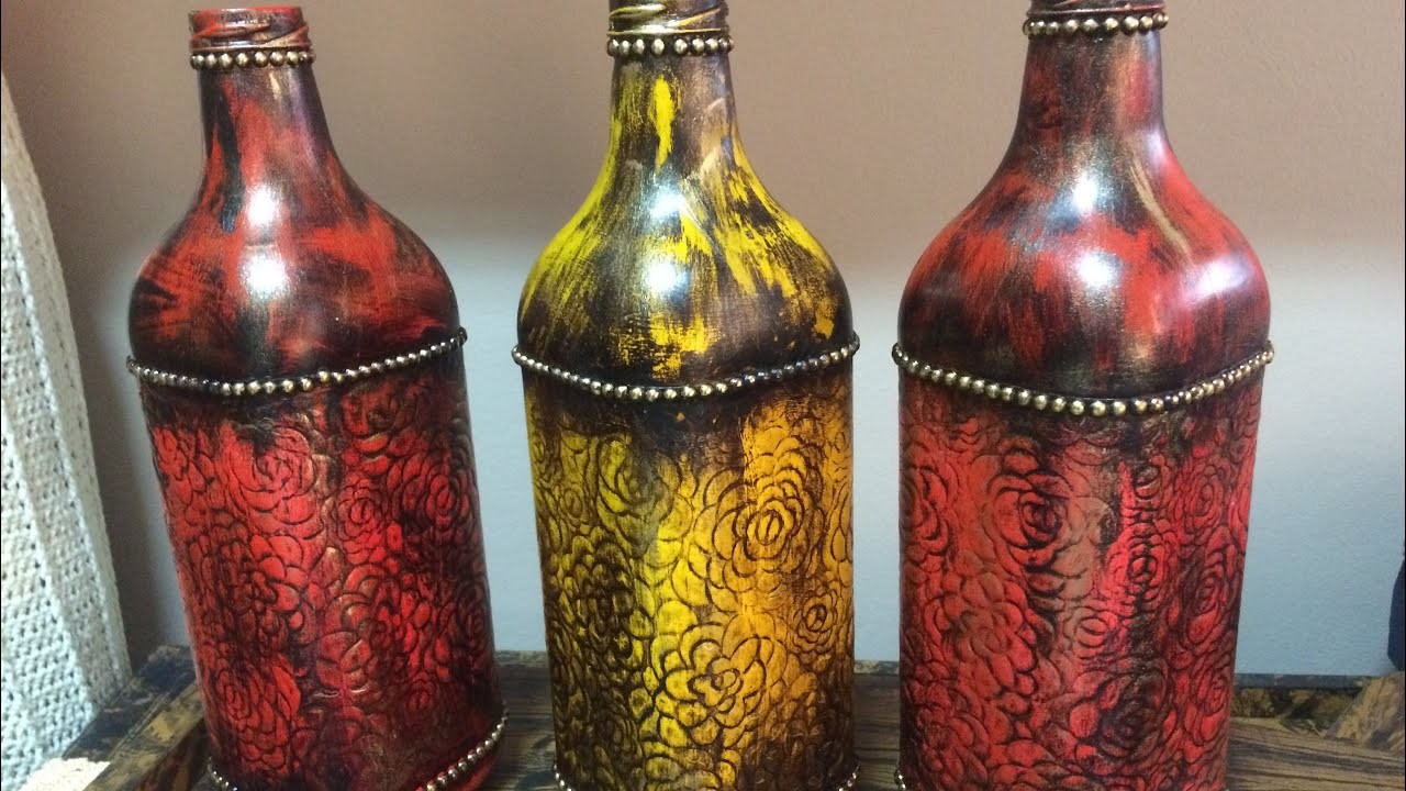 Garrafa decorada com papel textura e betume - garrafas indianas