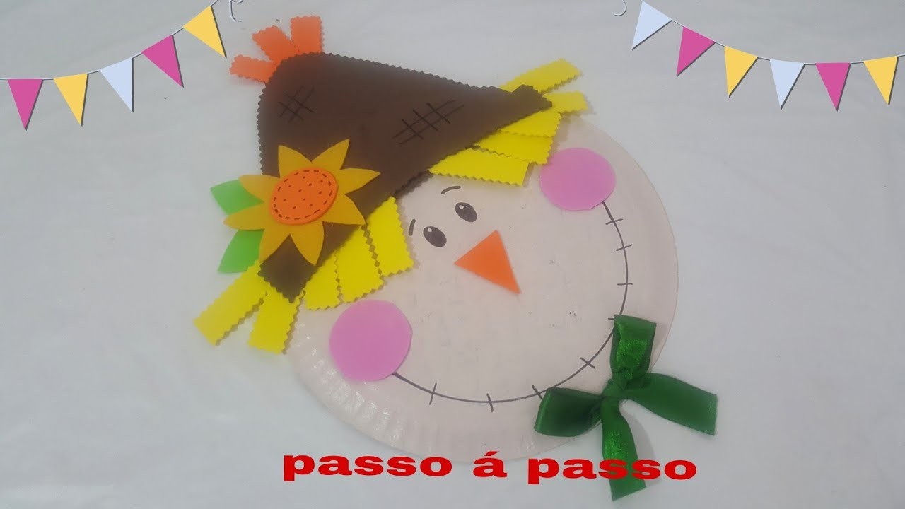 Espantalho feito com pratinho de papelão,  para decoração  de festa junina com Cris Pinheiro