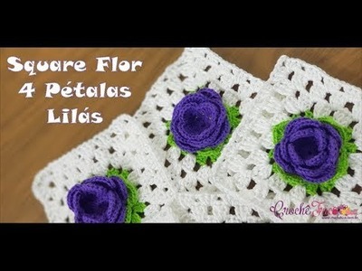 Square Flor 4 Pétalas Lilás em Crochê - Canhotas - Prof. Ivy (Crochê Tricô)