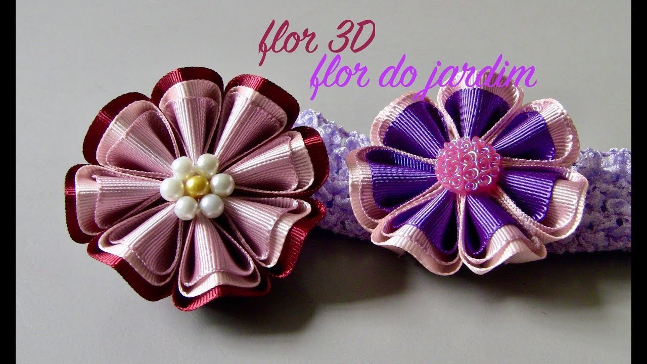 DIY - Flor  3D de fitas de gorgurao - 3D цветок- Fleur - 3D flower