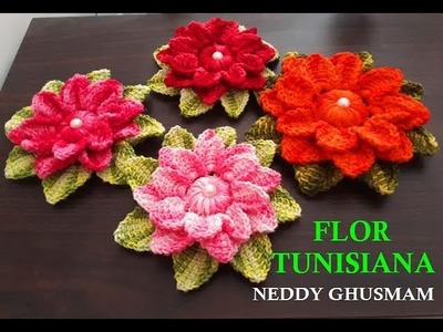 FLOR TUNISIANA EM CROCHE ,TUNISIAN FLOWER, POR NEDDY GHUSMAM