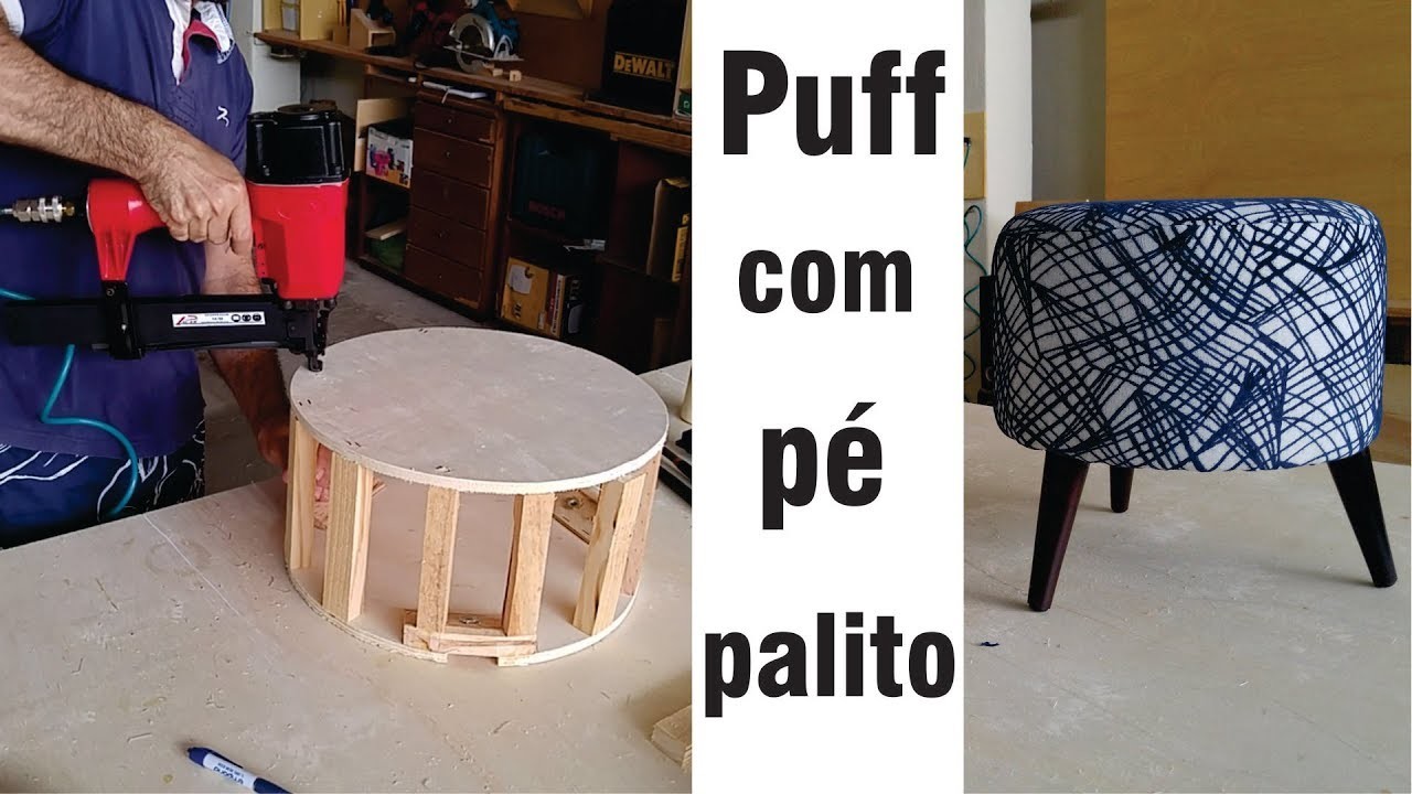 Puff redondo pé palito inclinado. Upholstered stool with wooden foot