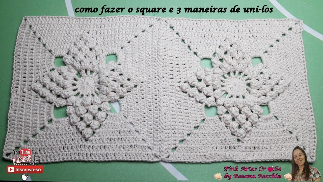 ????# Square em ponto pipoca e 3 maneiras de unir  - Pink Artes Croche by Rosana Recchia