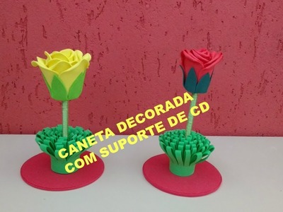 CANETA DECORADA COM ROSA DE E.V.A