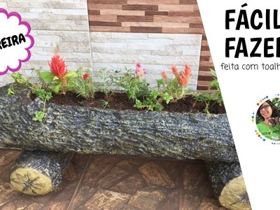 DIY - FLOREIRA IMITANDO TRONCO DE ÁRVORE: feita com uma toalha, isopor e cimento