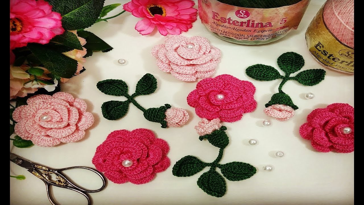 Vamos Aprender a Tecer um Lindo Galho com Botão de Rosa em Crochê!!!