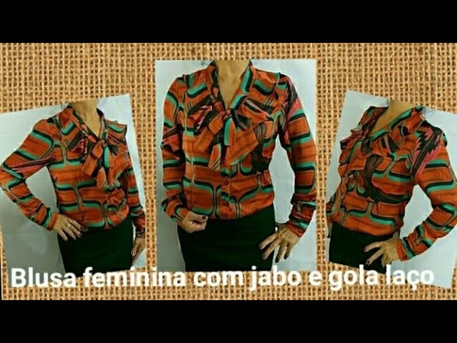 BLUSA FEMININA COM JABO E GOLA LAÇO ( corte e costura)