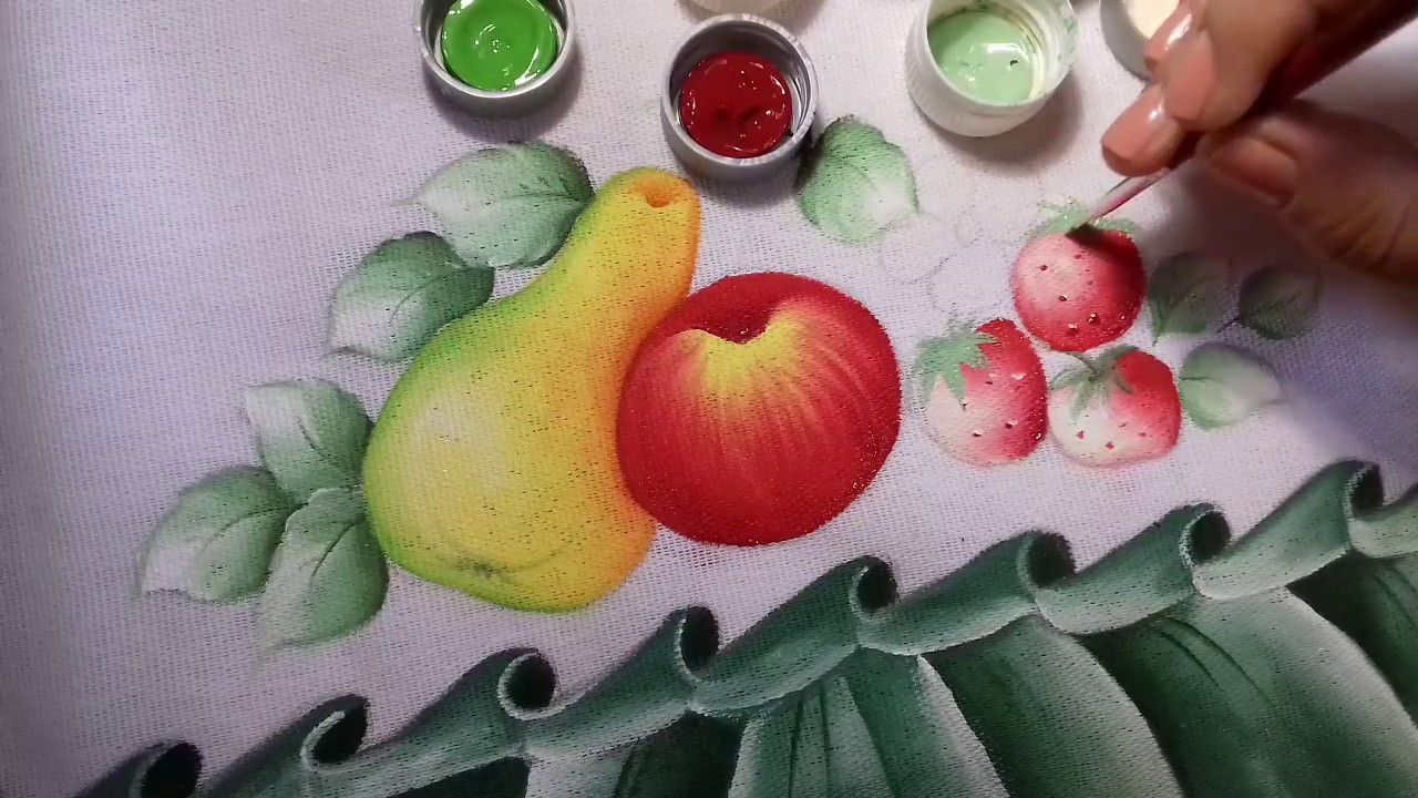 Aprenda Pintar Pera, Maçã, Morango, Folhas, Florzinha e acabamento. Pintura em Tecido