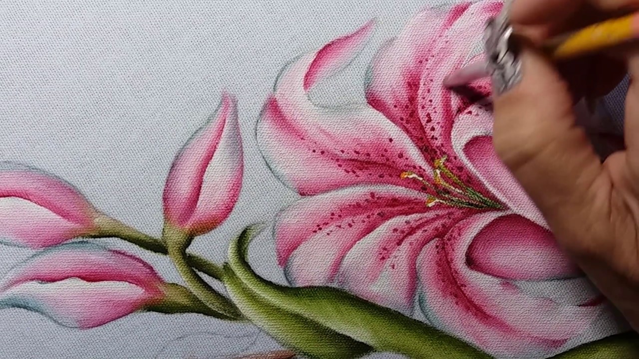 Lírios  rosa - Parte 2 - Pintura em tecido