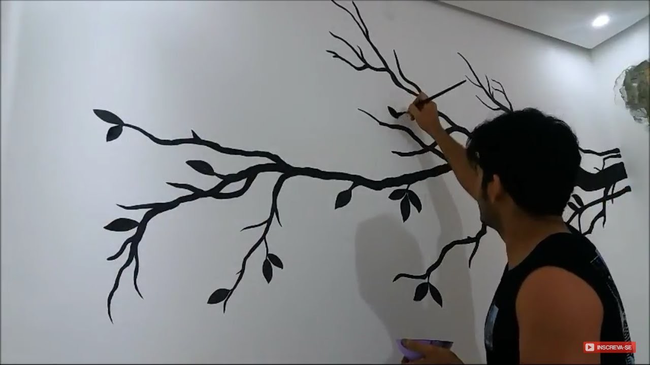 Pintura tipo papel de parede - decoração Sala, galho com pássaros
