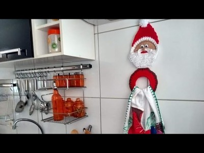 Porta Pano de Prato em Crochê Papai Noel. Feito com CD Reciclável