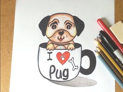 Como desenhar um Cachorrinho PUG Kawaii na xícara