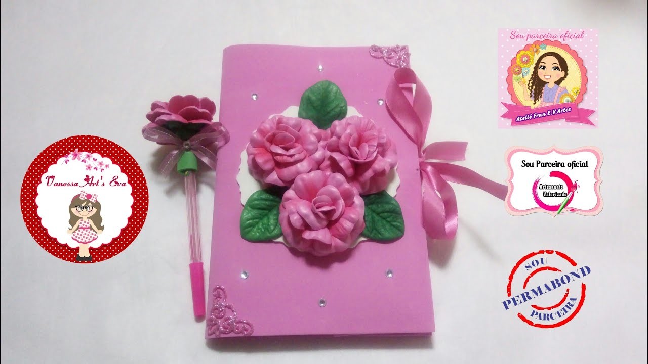 Caderno Decorado com Mini Rosa E.V.A feito no frisador cajado