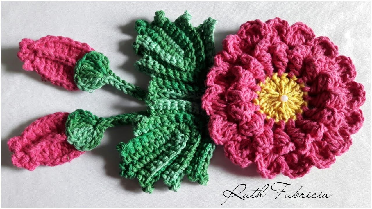 Folha e Botão de Rosa de crochê para aplicações