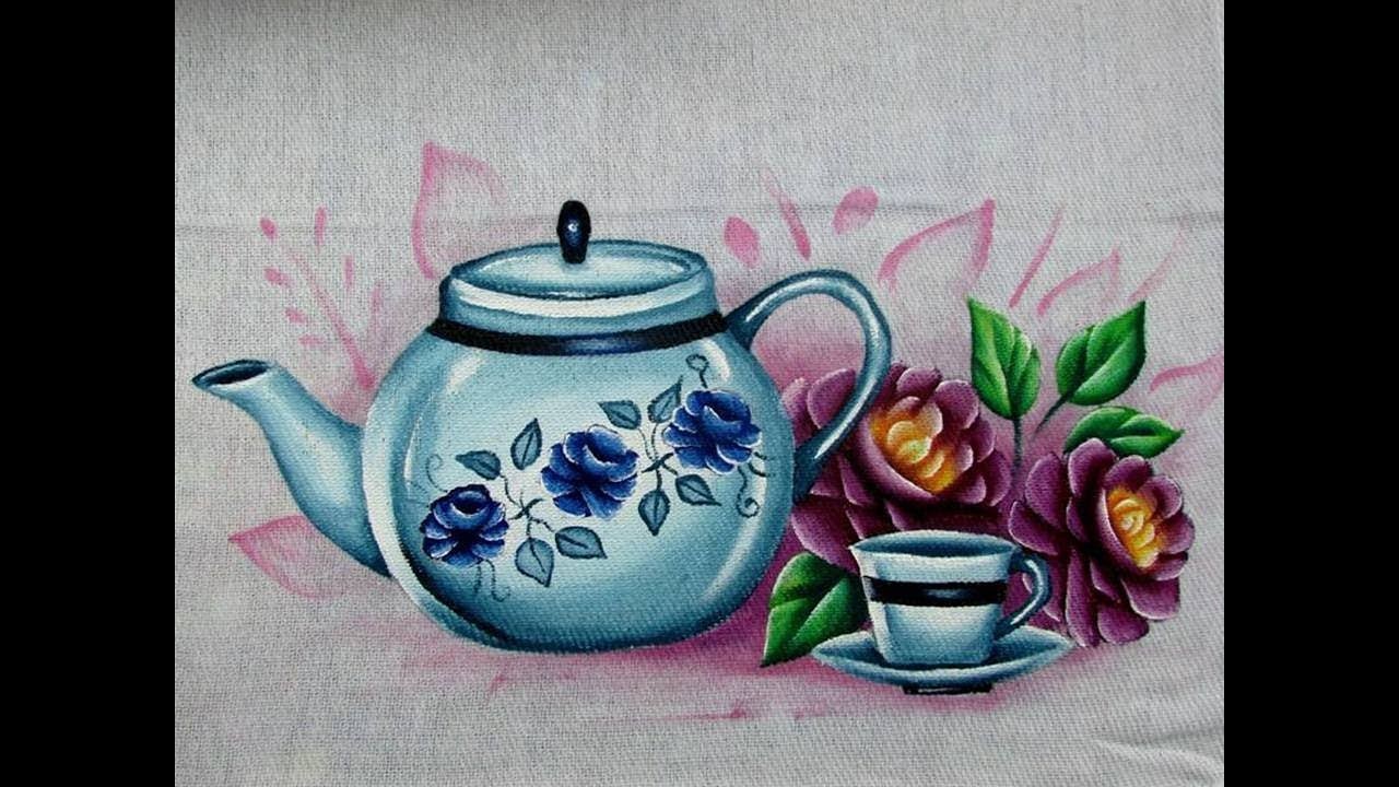 Pintura em tecido | Como pintar Chaleira  porcelana e Rosas | passo a passo